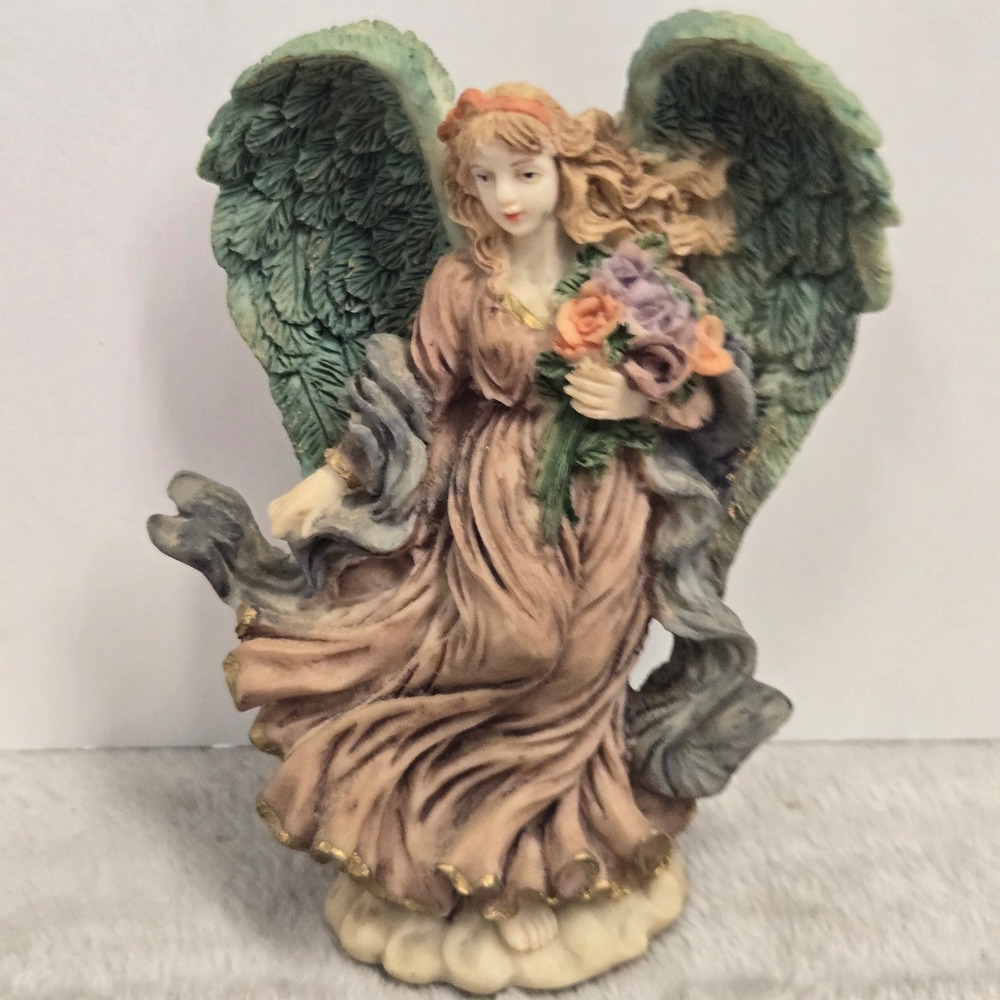 Vintage Angel Figurine Green Wings Mauve Gown Roses Flowers 4.5 Inch 0926 B17
